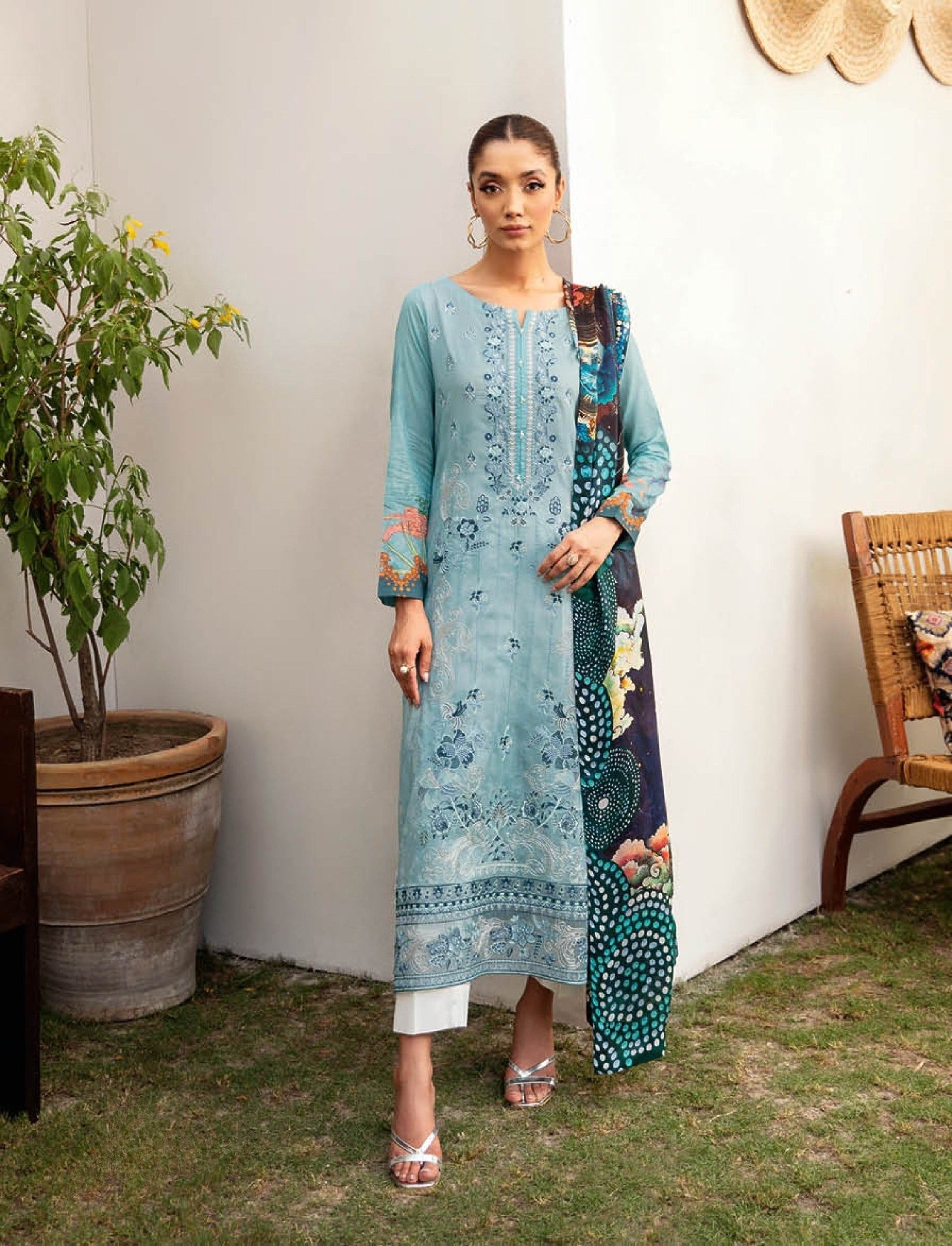 Pakistani Ramsha Mashaal Embroidered Unstitched Three-Piece - Azure Lagoon