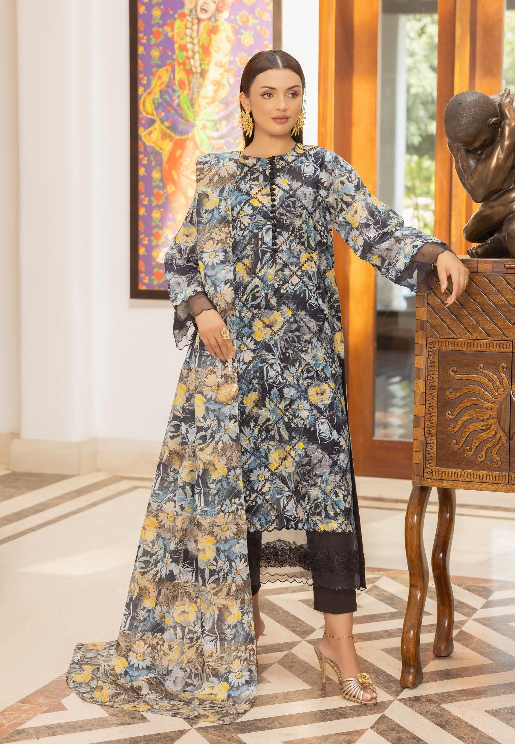 Pakistani Fareena by Gulljee Unstitched Three Piece – Midnight Bloom