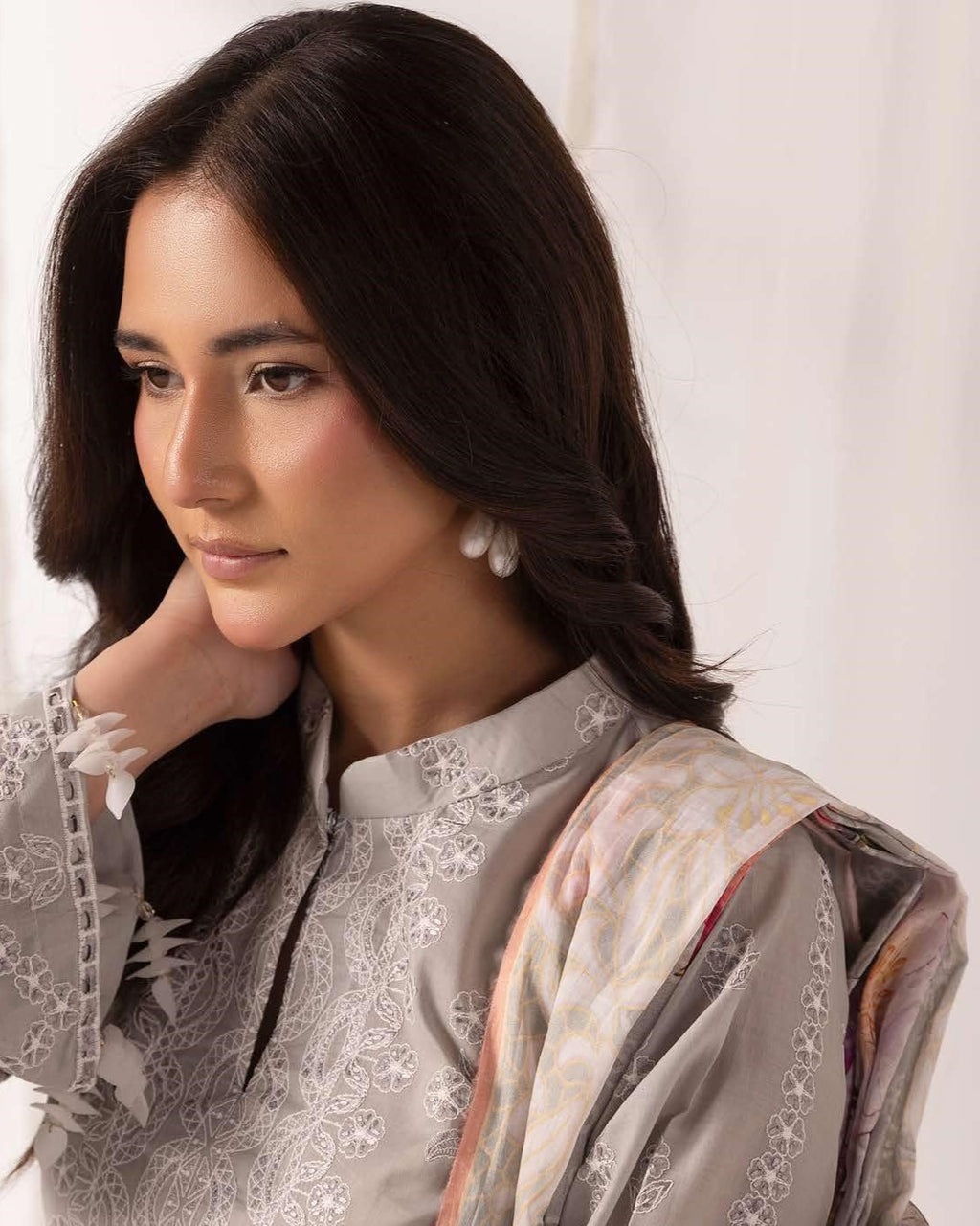 Pakistani Khoobsurat By Nur Embroidered Unstitched Lawn Collection — Silver Mist