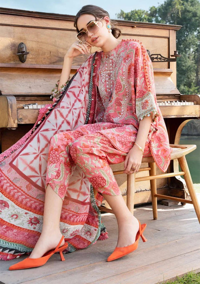 Pakistani Maria B. M-Print Luxury Lawn Unstitched Three-Piece - Coral Bloom
