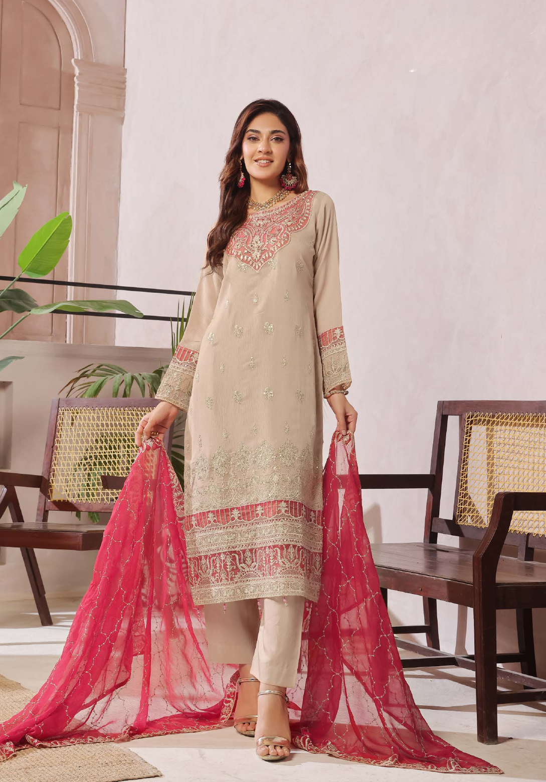 Pakistani Bin Hammeed Nimra Embroidered Chiffon Unstitched Three Piece – Royal Beige