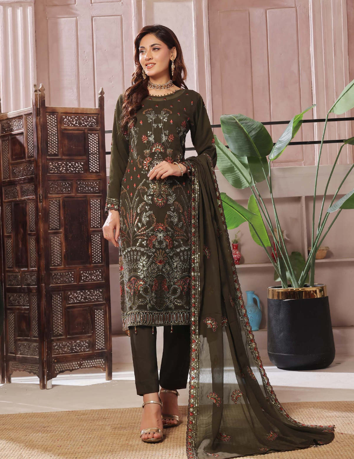 Pakistani Bin Hammeed Nimra Embroidered Chiffon Unstitched Three Piece – Forest Emerald