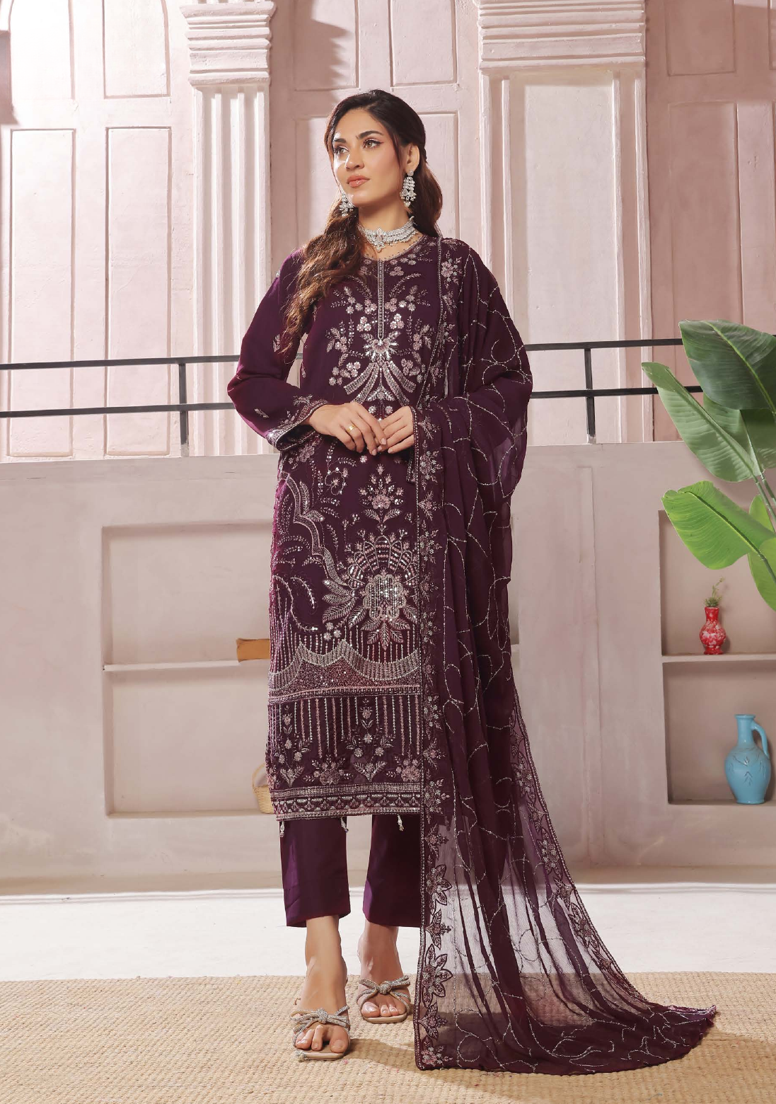 Pakistani Bin Hammeed Nimra Embroidered Chiffon Unstitched Three Piece – Royal Plum
